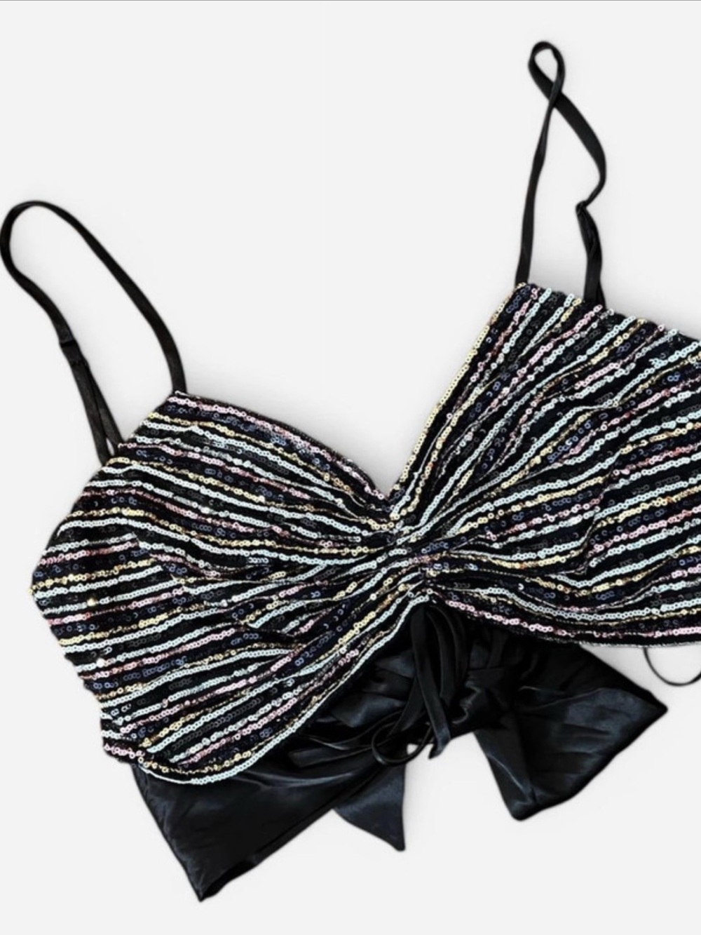 meraki Black Sequin Striped Tie-Front Camisole